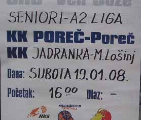 Počinje drugi dio košarkaškog prvenstva A-2 lige: KK "Poreč" – KK "Jadranka" Mali Lošinj
