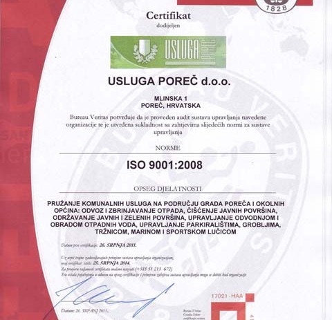 Usluga Poreč uvela je sustav upravljanja kvalitetom prema ISO 9001 normi