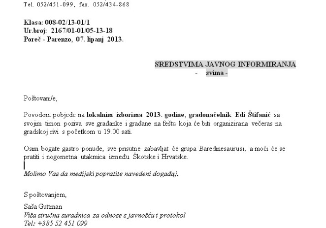 Grad Poreč Vas u ime gradonačelnika poziva na feštu povodom pobjede na nedavnim izborima