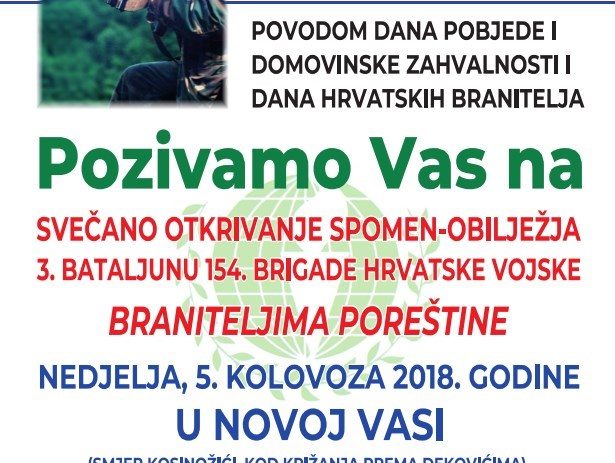 U nedjelju u Novoj Vasi otkrivanje Spomen-obilježja braniteljima Poreštine
