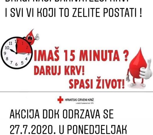 Dobrovljna akcija darivanja krvi održati će se u ponedjeljak, 27. srpnja