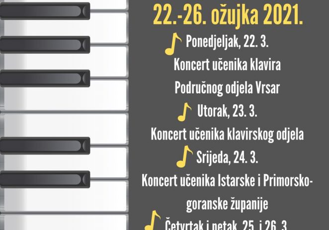 13. Dani klavira održat će se od 22. do 26. ožujka 2021. godine u Umjetničkoj školi Poreč