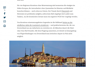Njemački Die Welt: U Istru se može putovati bez karantene