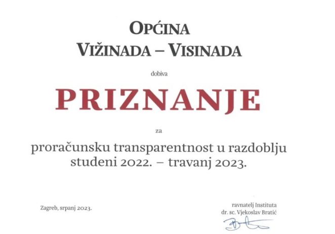 Općina Vižinada-Visinada dobila priznanje za proračunsku transparentnost