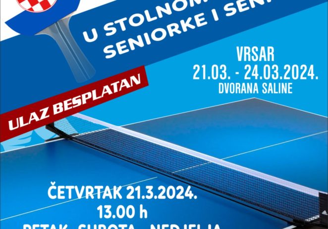 U Vrsaru od 21. do 24. ožujka Prvenstvo Hrvatske u stolnom tenisu za seniorke i seniore