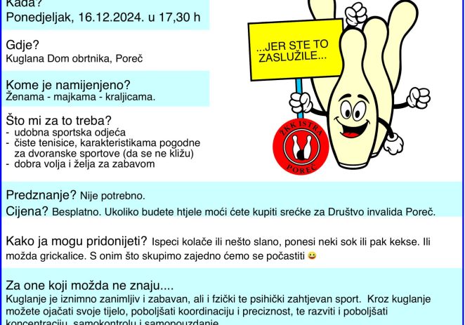 Kuglačice Istre Poreč vas pozivaju na Božićni turnir u kuglanju