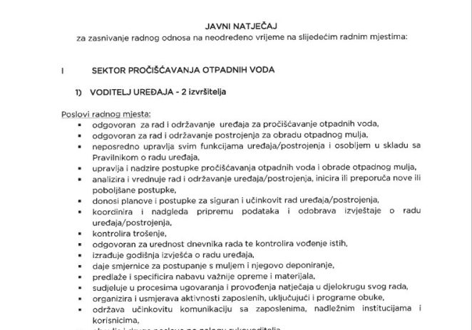 Odvodnja Poreč objavila javni natječaj za zasnivanje radnog odnosa na neodređeno vrijeme