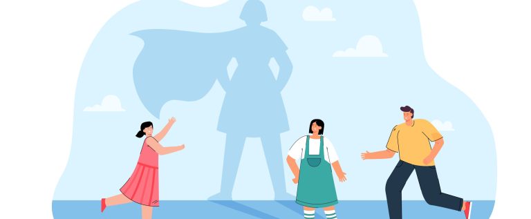 Friends running towards cartoon girl with superhero shadow