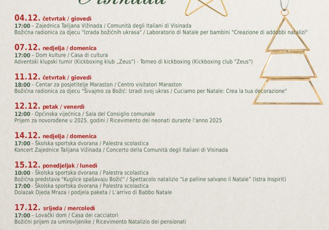Vižinada poziva na blagdanska druženja i događanja u Vižinadi u prosincu ispunjenom božićnim ugođajem