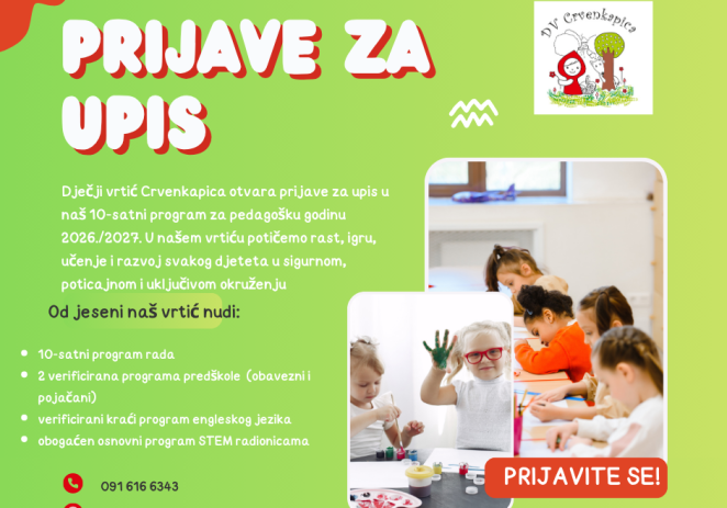 Privatni dječji vrtić Crvenkapica otvara prijave za upis za novu pedagošku godinu 2026./2027 od 20. svibnja 2026 !