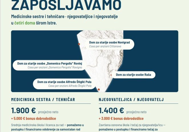 Zapošljavanje u domovima za starije osobe Istarske županije: do 5.000 eura bonusa i osiguran smještaj